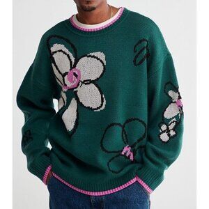 Urban Outfitters Men's Sweater Green Daisy Doodle Sz M Oversized